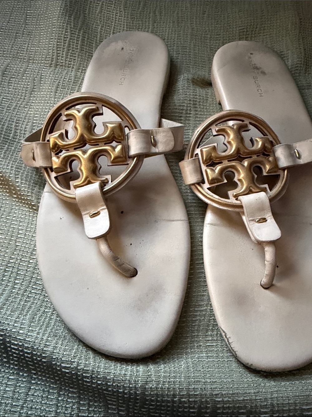 Tory Burch Cream Leather Thong Sandals with Gold Logo Medallions